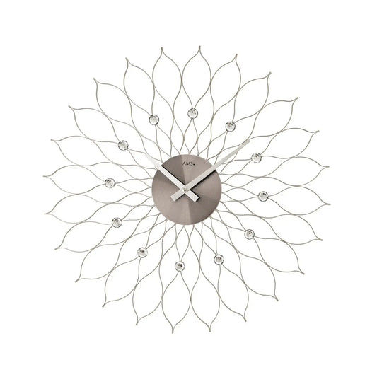 AMS Wanduhr mit Metallgehäuse und Quarzwerk, silberne Blüten-Design Zeiger