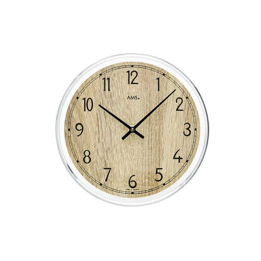 Wanduhr mit rundem Holz-Zifferblatt, Metallrahmen und Mineralglas-Abdeckung