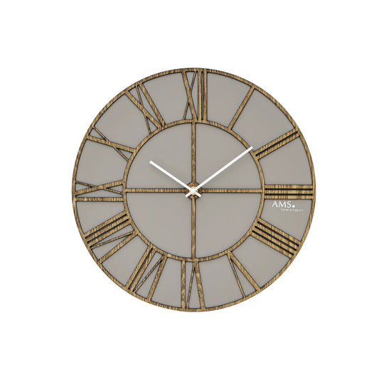 Wanduhr aus Holz mit Laserschnitt, rundem Design und grauem Ziffernblatt