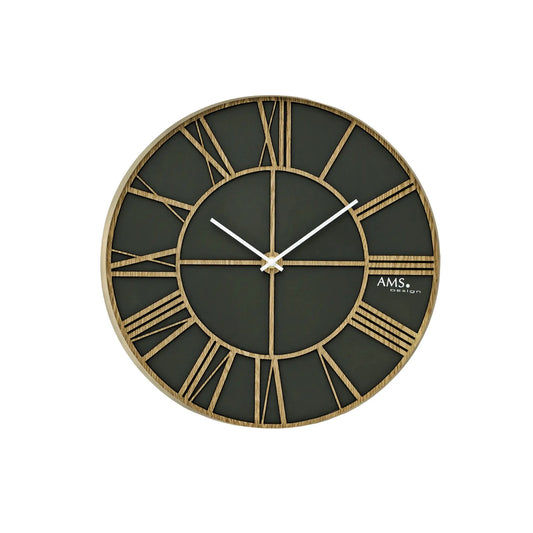 Runde Wanduhr mit dunklem Zifferblatt, goldfarbenem Rahmen und Laser-Linien, Quarzwerk