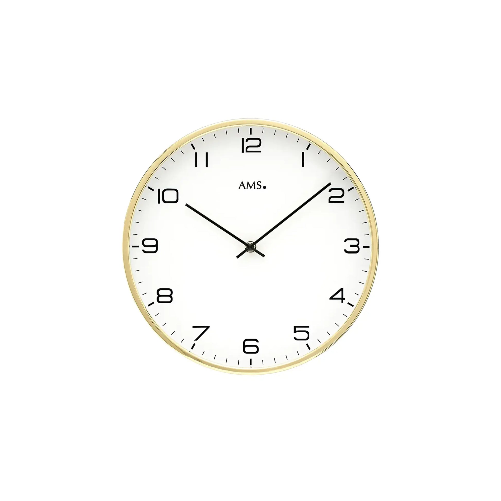 Quarz-Wanduhr: rundes goldfarbenes Gehäuse, weißes Zifferblatt mit schwarzen Zahlen