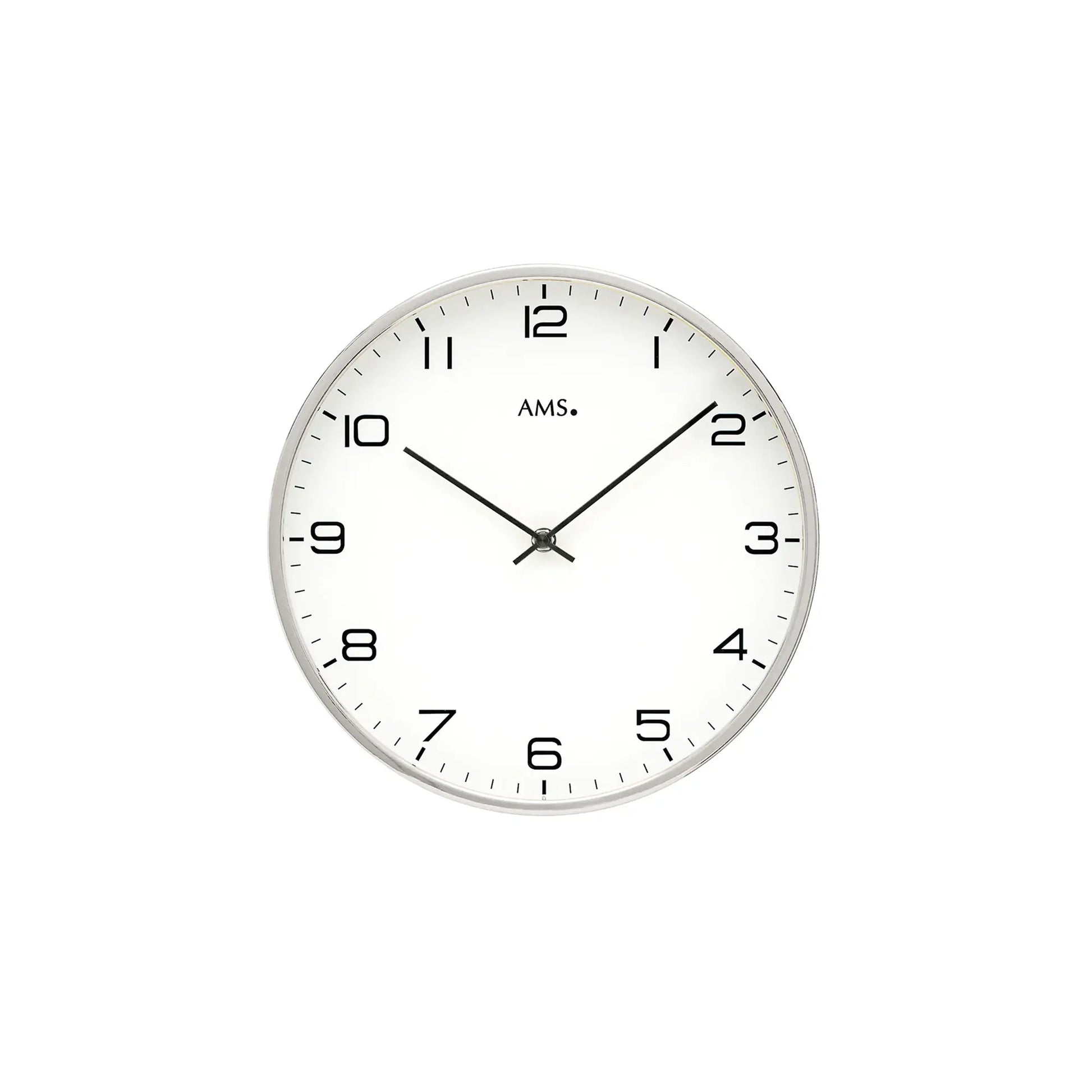 Wanduhr mit vernickeltem Rahmen, weißem Zifferblatt, Mineralglas und Quarzwerk