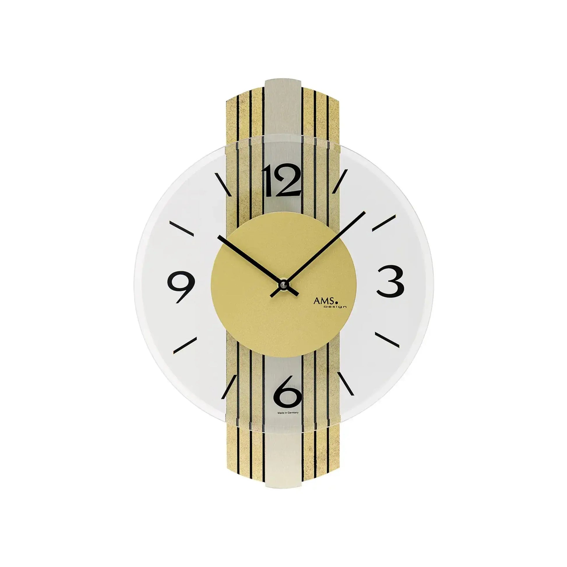 Wanduhr mit gelbem Ziffernblatt, schwarzer Zeitanzeige, goldfarbenem Holzgehäuse im Vintage-Look