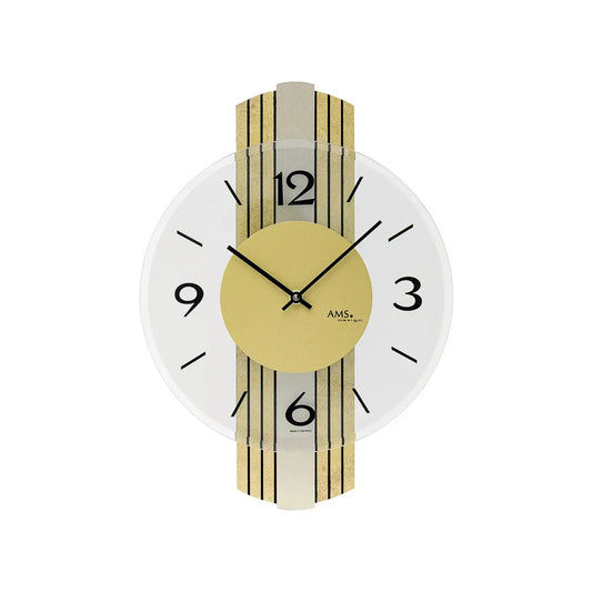 Wanduhr mit gelbem Ziffernblatt, schwarzer Zeitanzeige, goldfarbenem Holzgehäuse im Vintage-Look