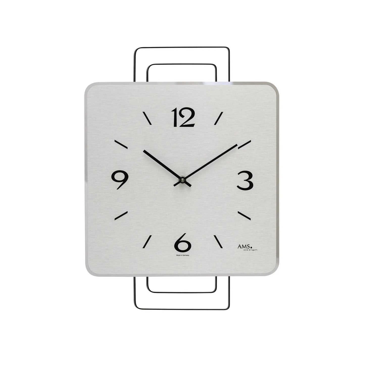 Quadratische Wanduhr mit grauer Front, schwarzen Ziffern und Zeigern