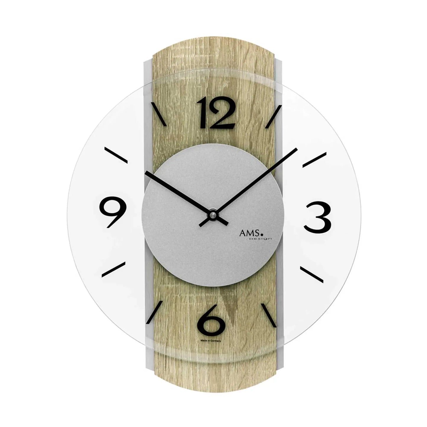 Wanduhr mit Sonoma-Eiche-Gehäuse, hellgrauem Zifferblatt, schwarzen Zeigern und arabischen Zahlen