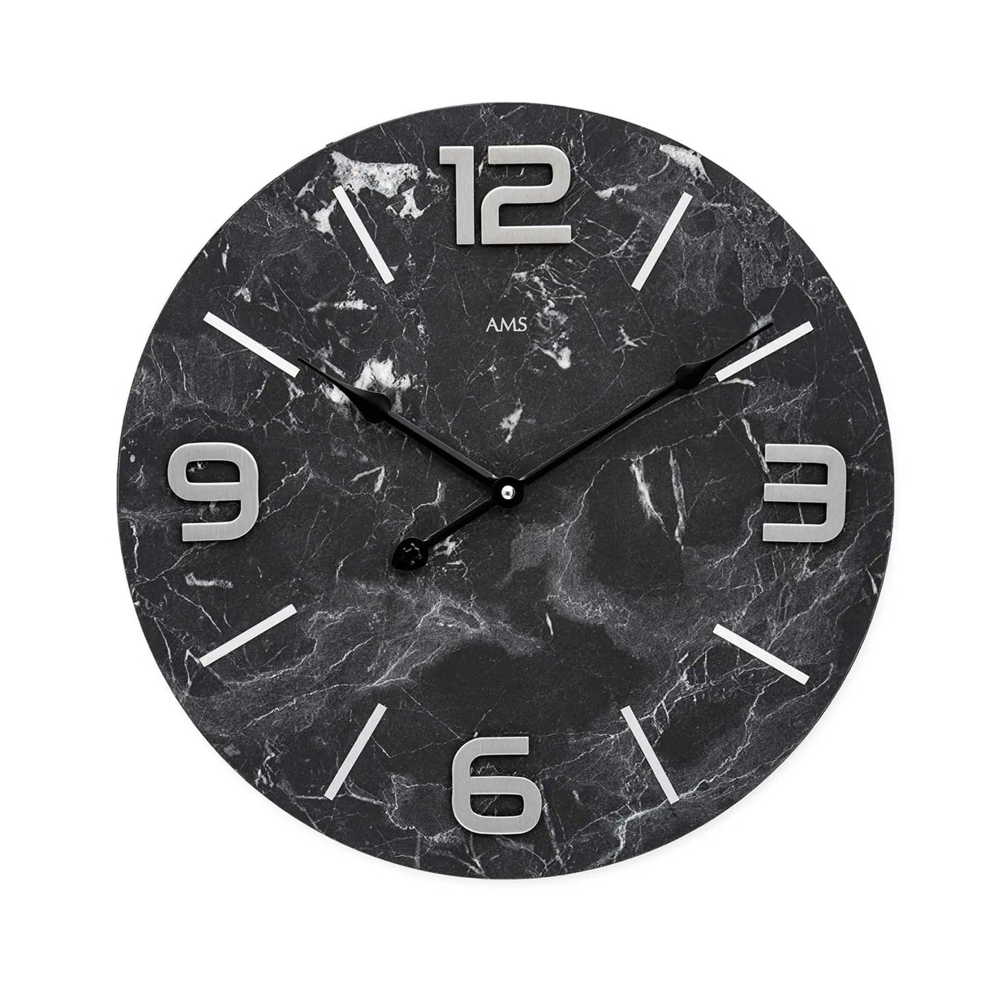 Runde Wanduhr mit anthrazitfarbenem Marmormuster-Zifferblatt und Metallziffern