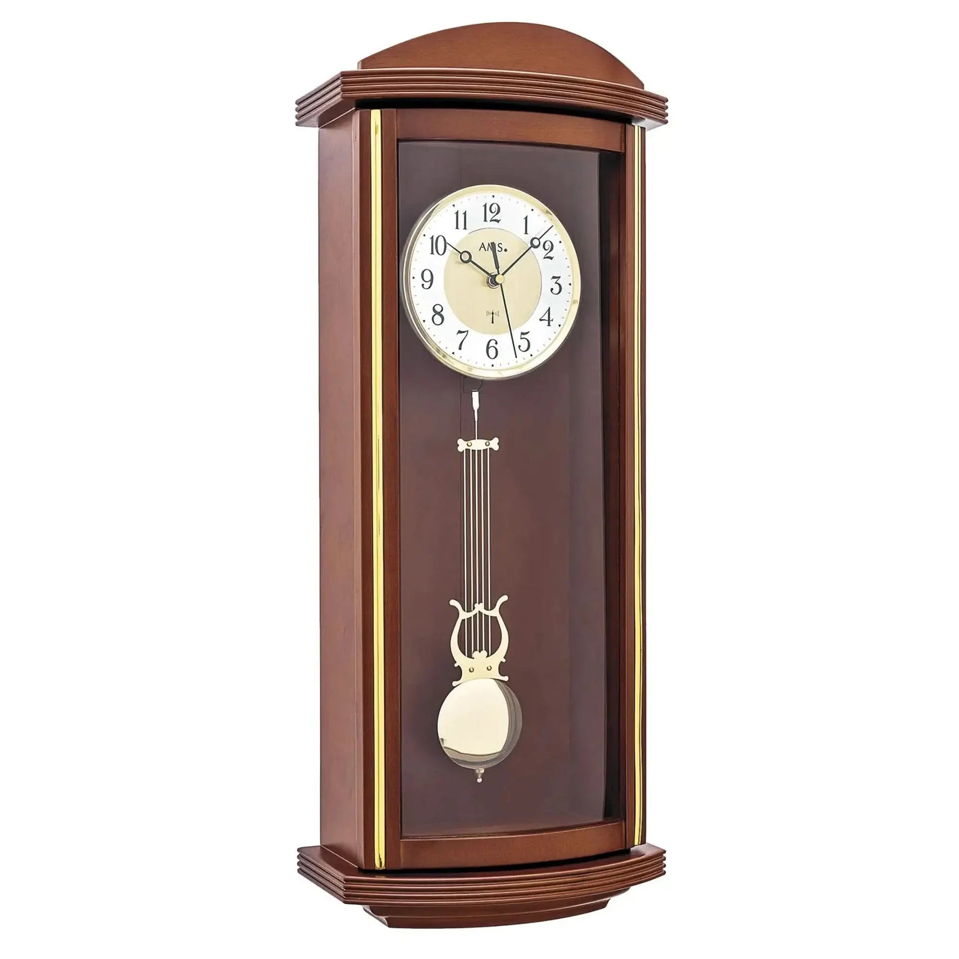Pendelwanduhr mit Westminster-Schlagwerk, rundes Ziffernblatt im Nussbaumgehäuse