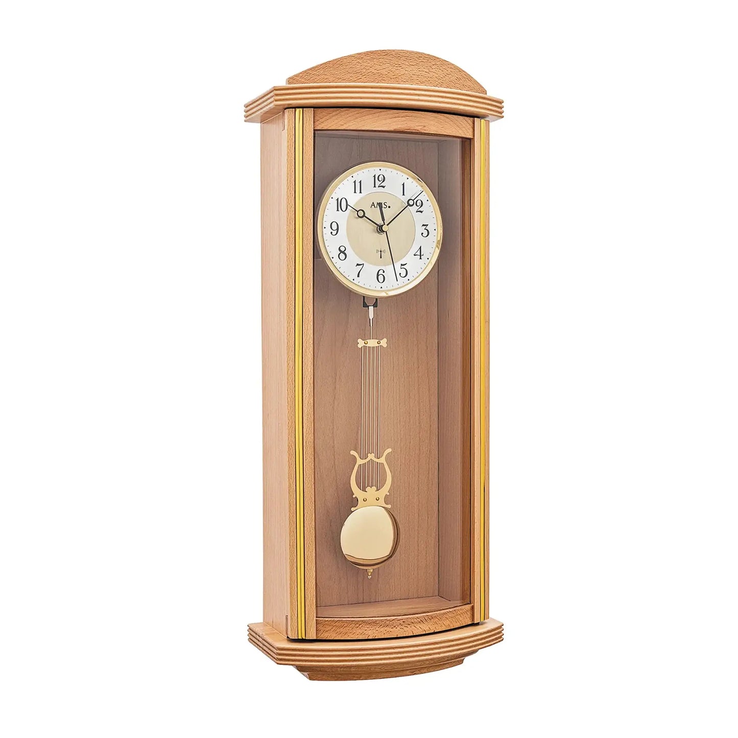 Wanduhr aus hellem Buchenholz mit rundem Uhrwerk und Pendel