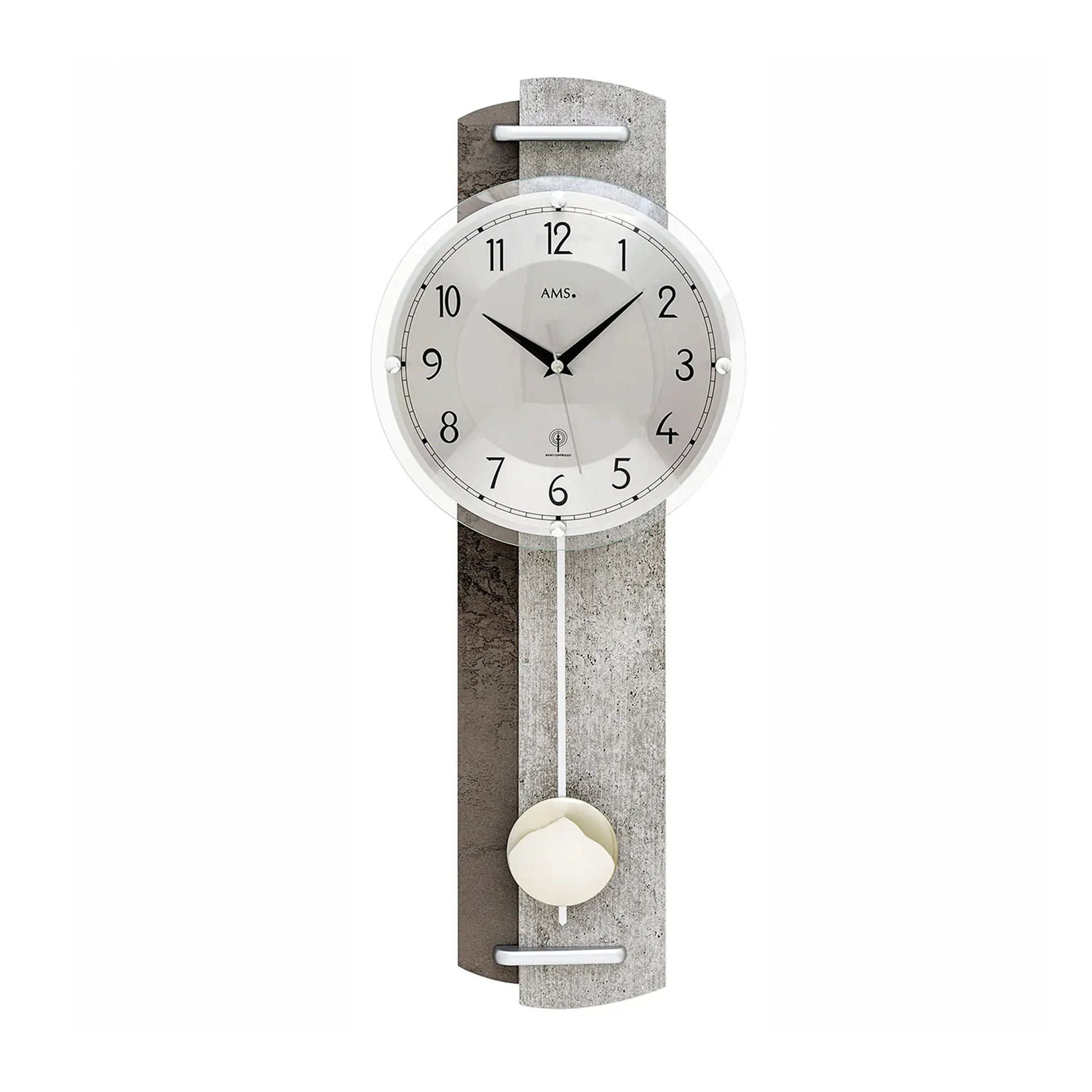 Steinstruktur-Wanduhr mit Pendelwerk, rundes Zifferblatt, grau und weiß
