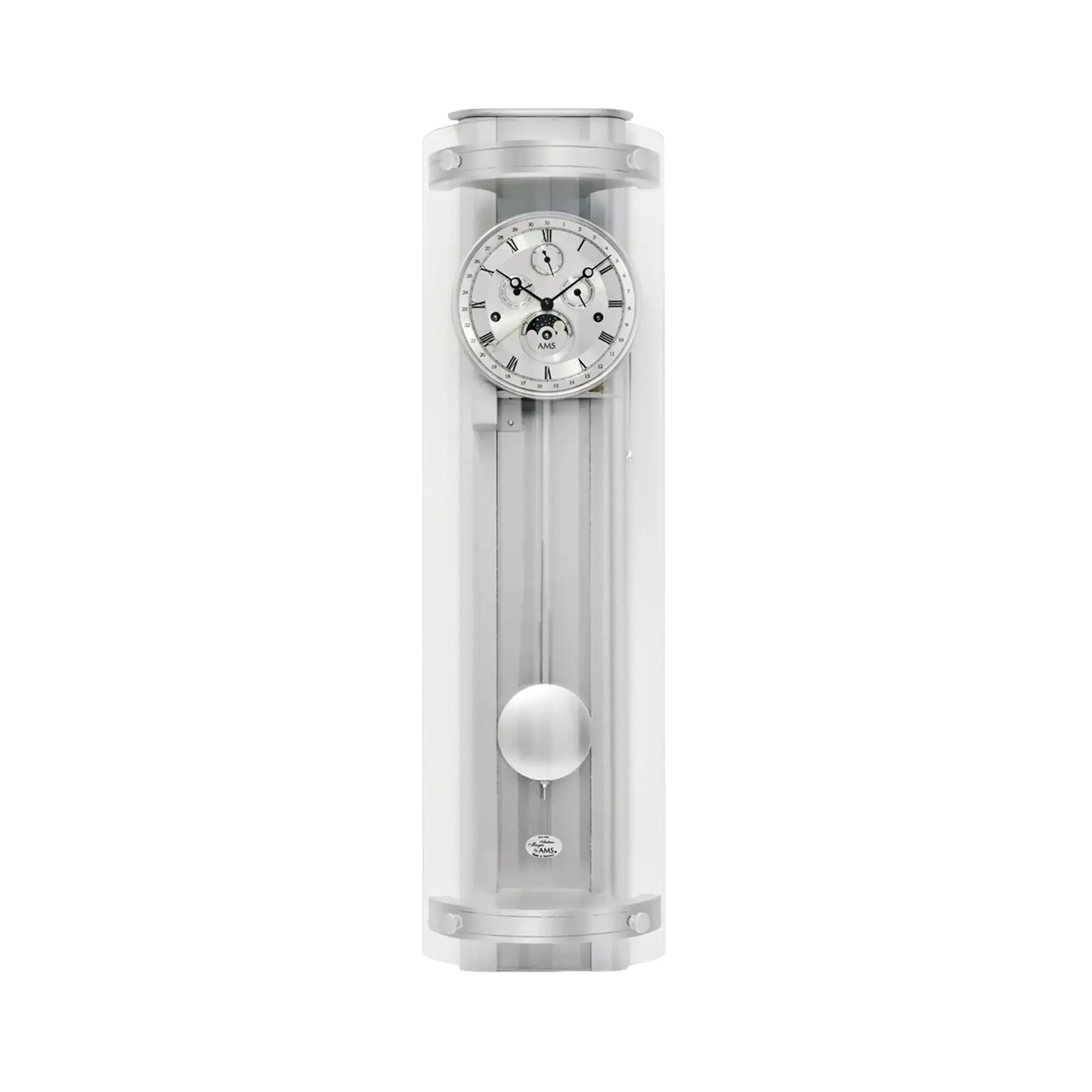 AMS Regulator-Wanduhr in Silber mit weißem Zifferblatt und sichtbarer Aufhängung