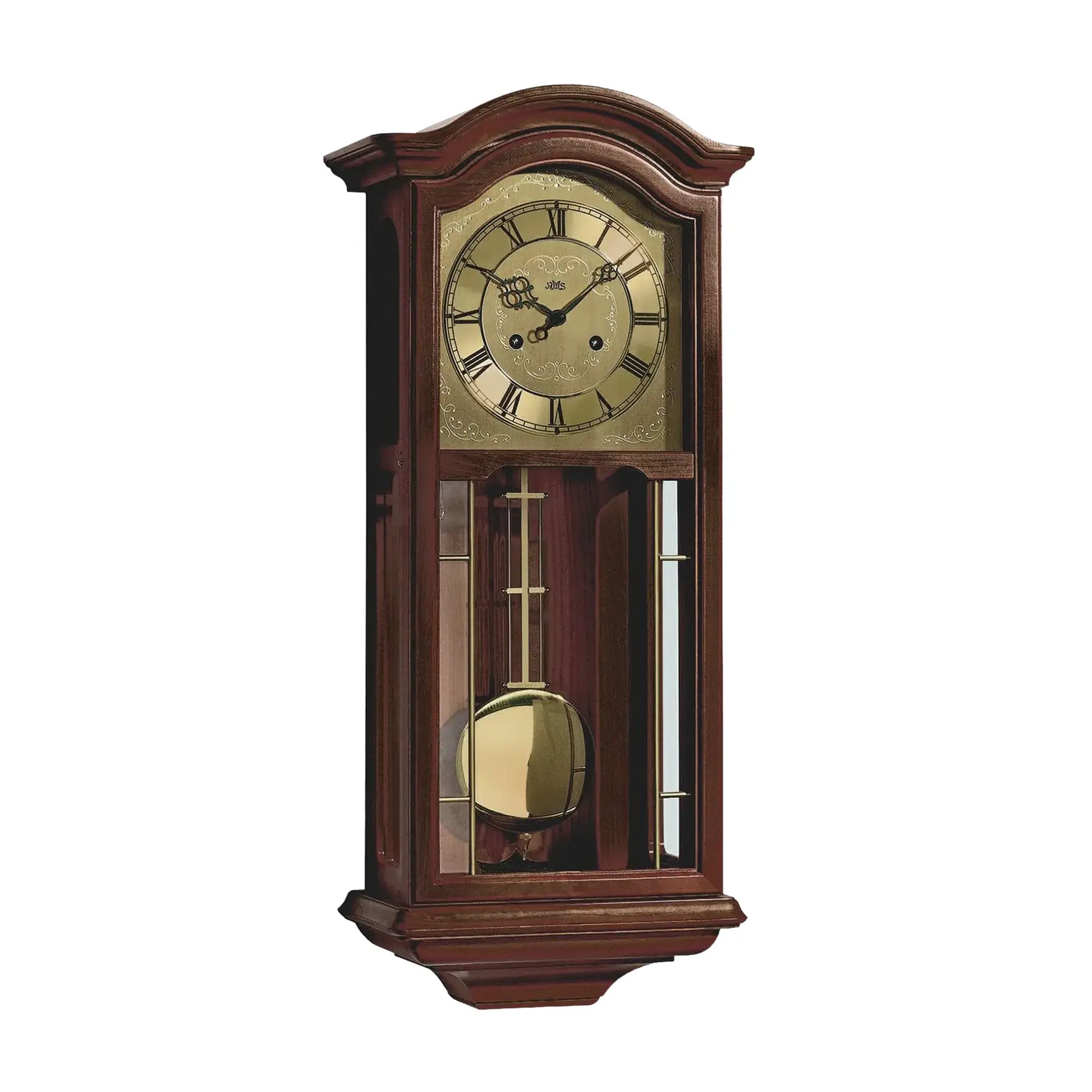 Wanduhr im Nussbaumgehäuse mit Sichtfenster und goldenem Pendel