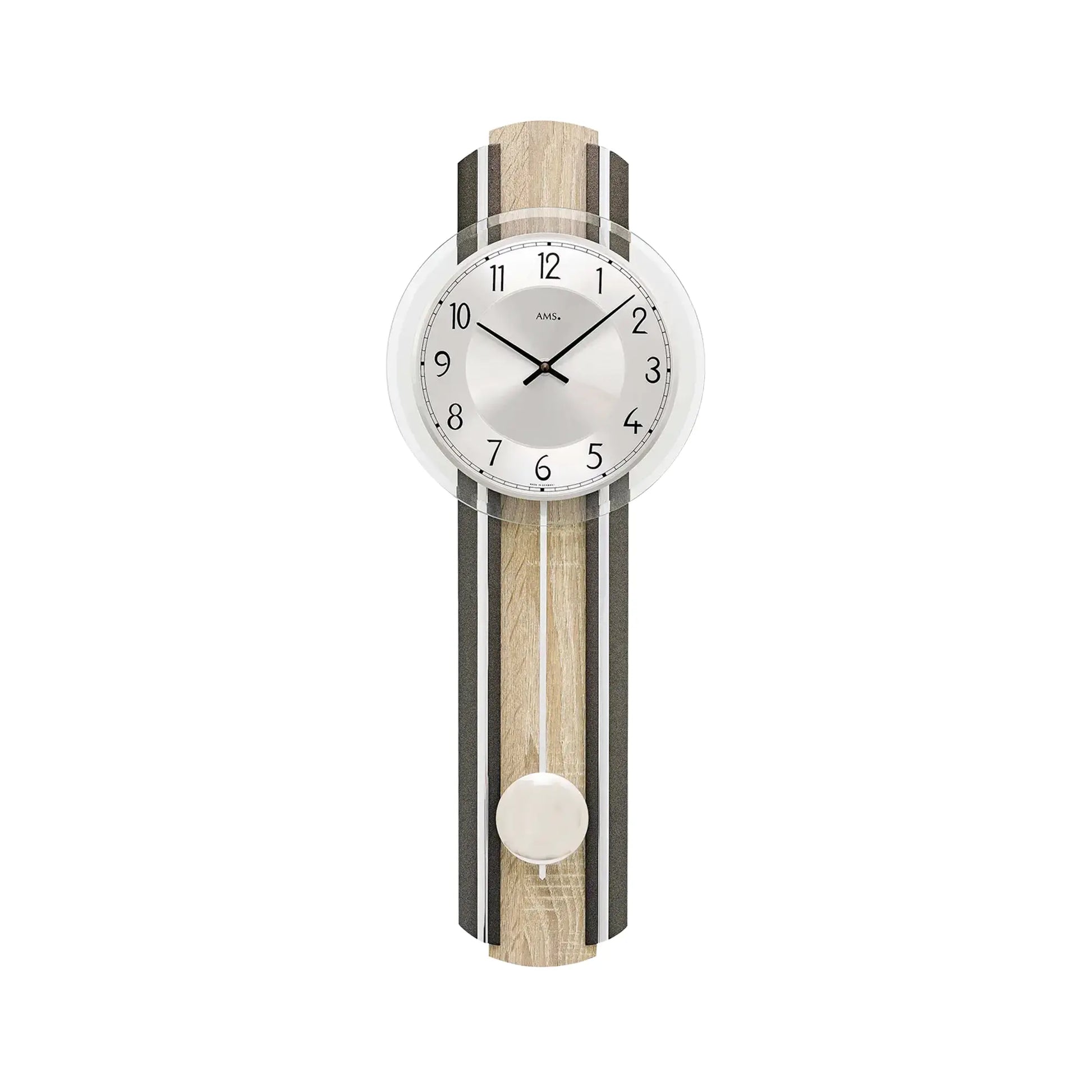 Wanduhr mit rundem Zifferblatt, Holz-Optik und dunkelgrauen Seitenstreifen
