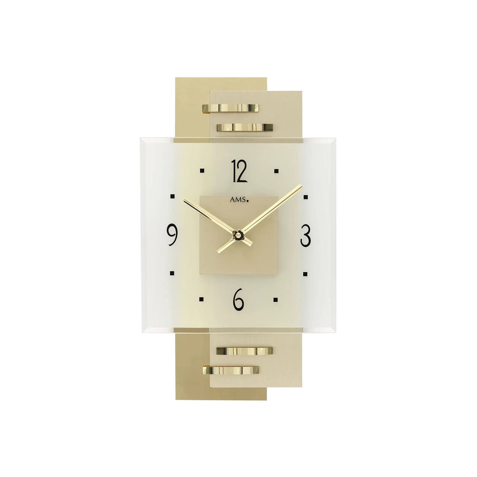 AMS Wanduhr mit weißem Rahmen, goldenen Ziffern und Zeigern, Mineralglas