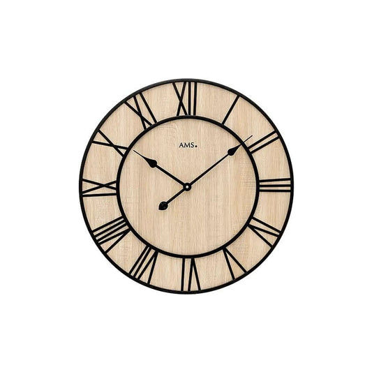 Wanduhr mit rundem Holzoptik-Zifferblatt, schwarzen römischen Ziffern und Metallrahmen