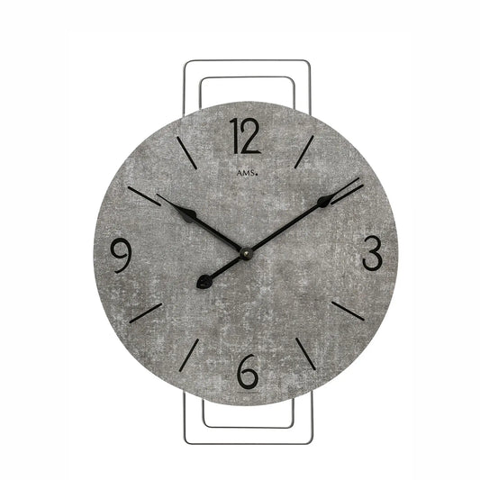 Wanduhr mit grauem Zifferblatt, schwarzen Zeigern und Stundenmarkierungen im Kreisdesign.