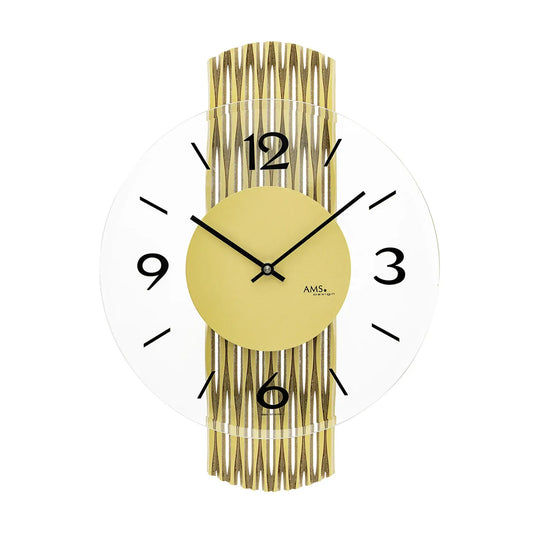 AMS W9695 Wanduhr Messing • Feingefräste Holzrückwand • Facettiertes Mineralglas