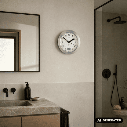 Runde Badezimmeruhr an der Wand mit anthrazitfarbenem Rahmen, weißen Ziffern und Temp.-Display