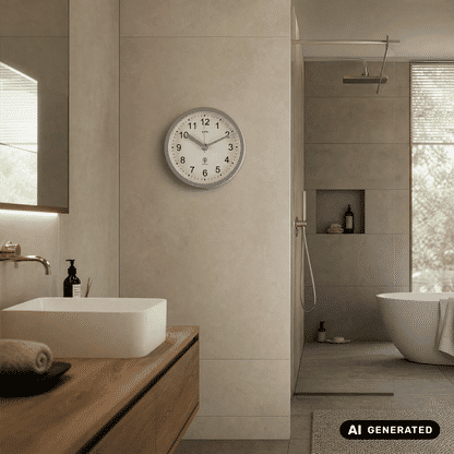 Badezimmer-Wanduhr mit silbernem Gehäuserand und weißem Ziffernblatt, schwarzen Ziffern