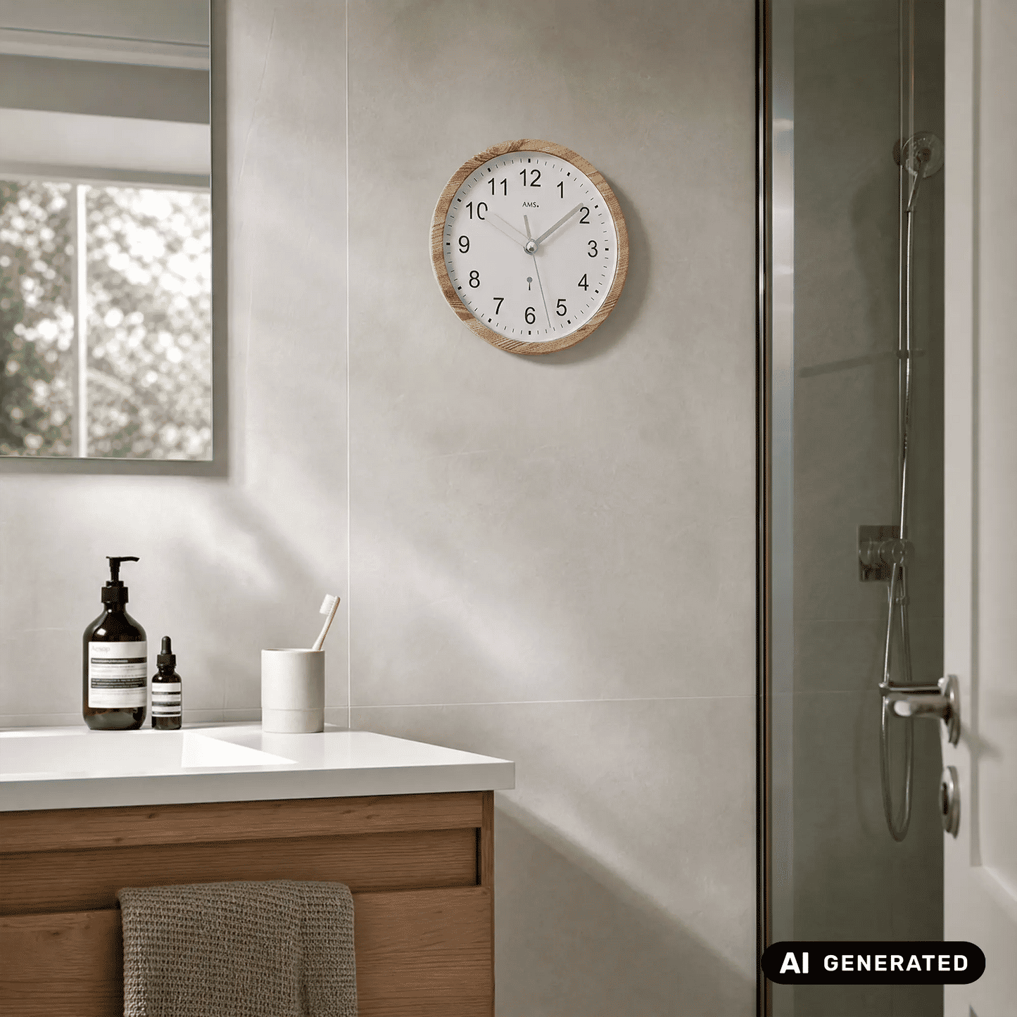 Runde Wanduhr mit Holzoptik-Rahmen, weißem Zifferblatt und arabischen Ziffern