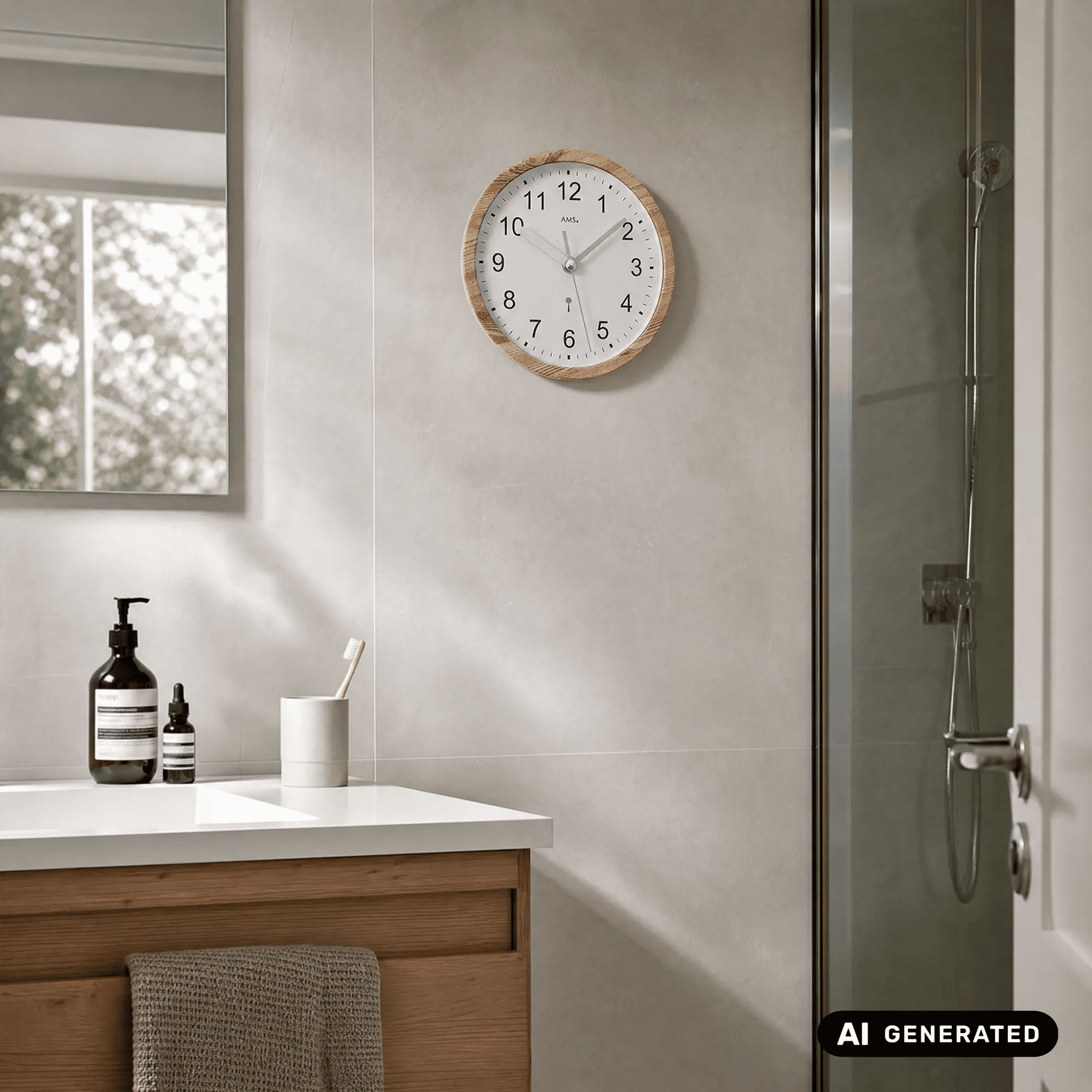 Runde Wanduhr mit Holzoptik-Rahmen, weißem Zifferblatt und arabischen Ziffern