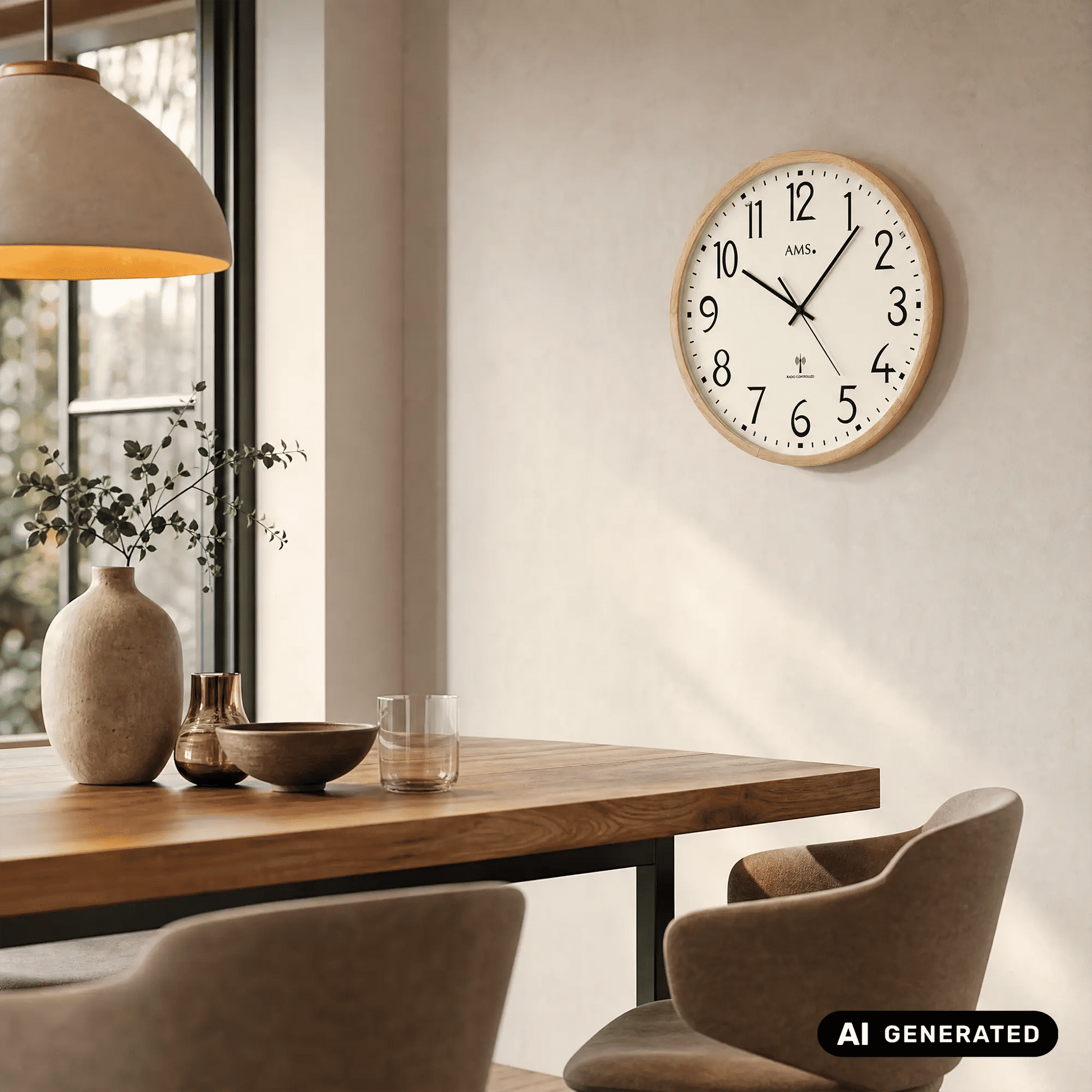 AMS Wanduhr mit hellem Holzrahmen, beigem Zifferblatt und Funkuhrwerk