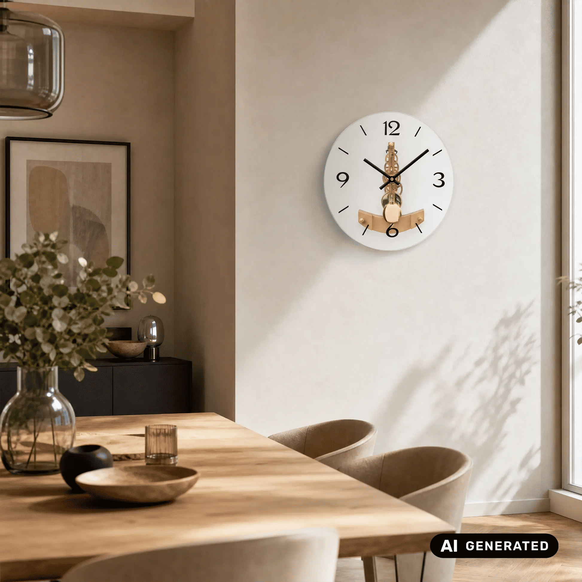 Runde Wanduhr mit weißem Zifferblatt, römischen Zahlen und goldener Pendeloptik