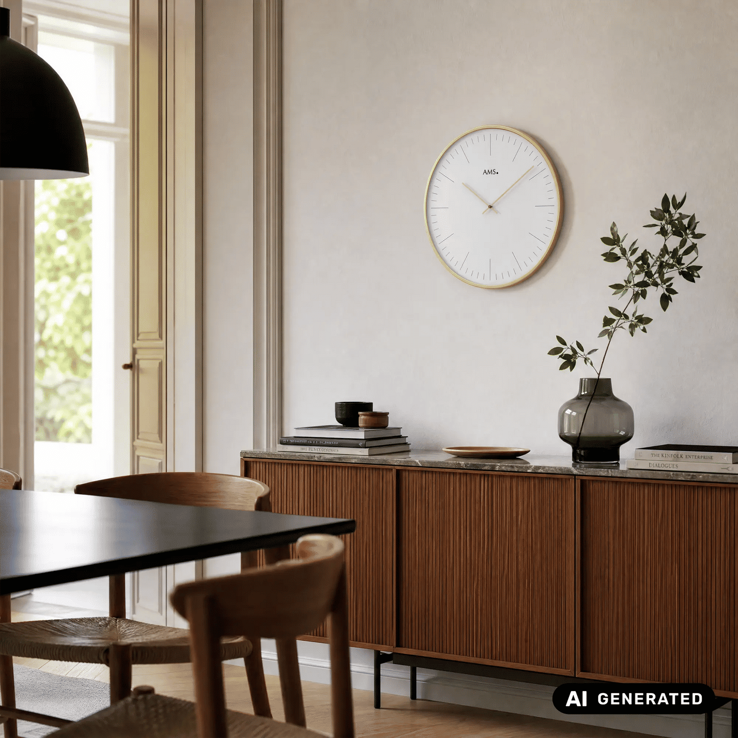 Wanduhr an der Wand: weißes Zifferblatt, goldfarbene Einfassung, feine Indexstriche