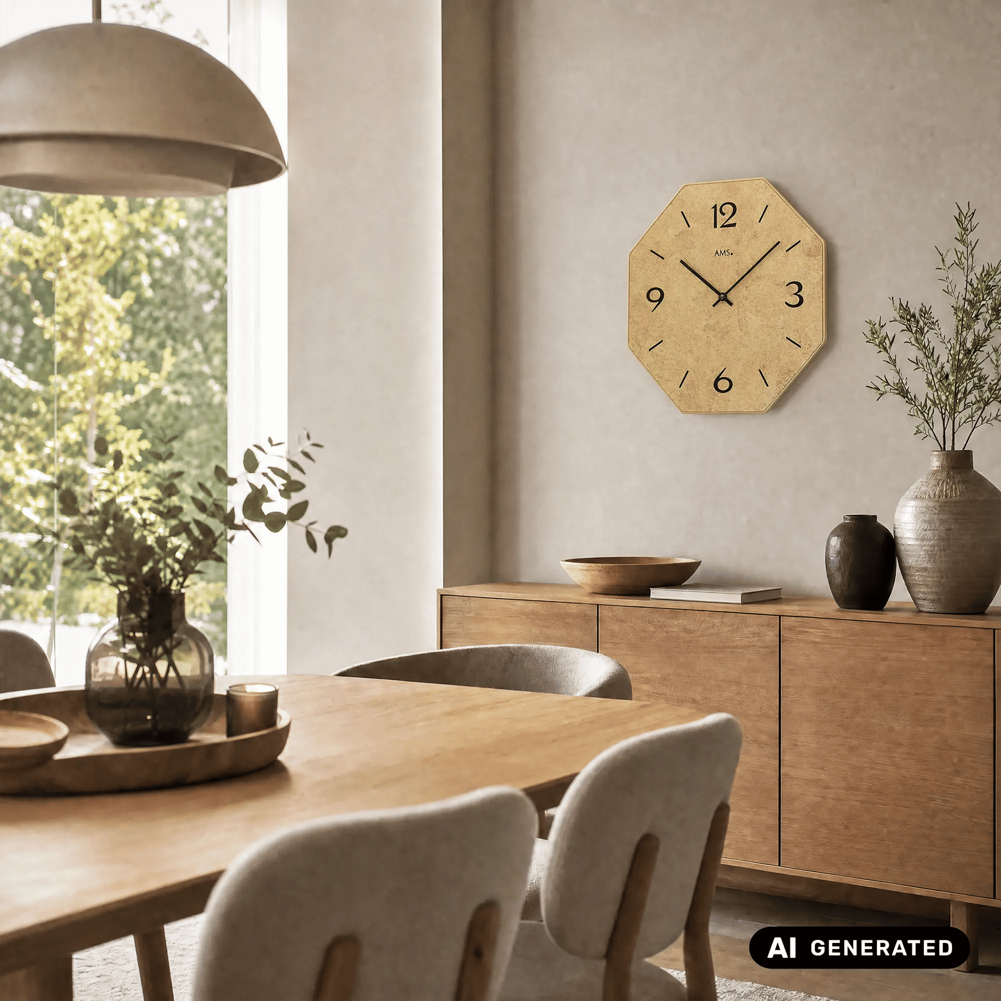 Holz-Wanduhr mit bedrucktem Zifferblatt und schwarzen Zeigern, achteckig