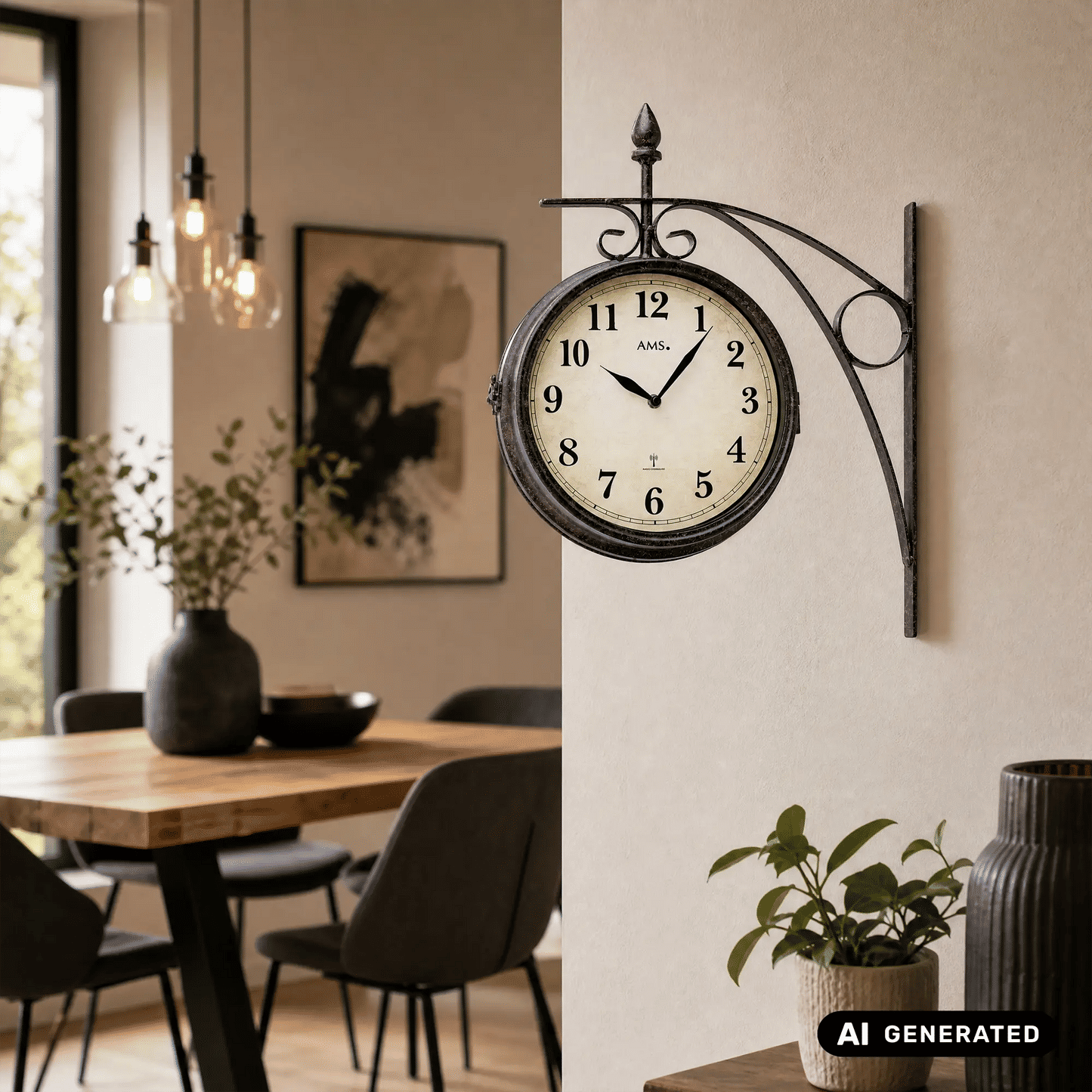 Wanduhr mit rundem Zifferblatt und schwarzem Metallbogen, an heller Wohnzimmerwand