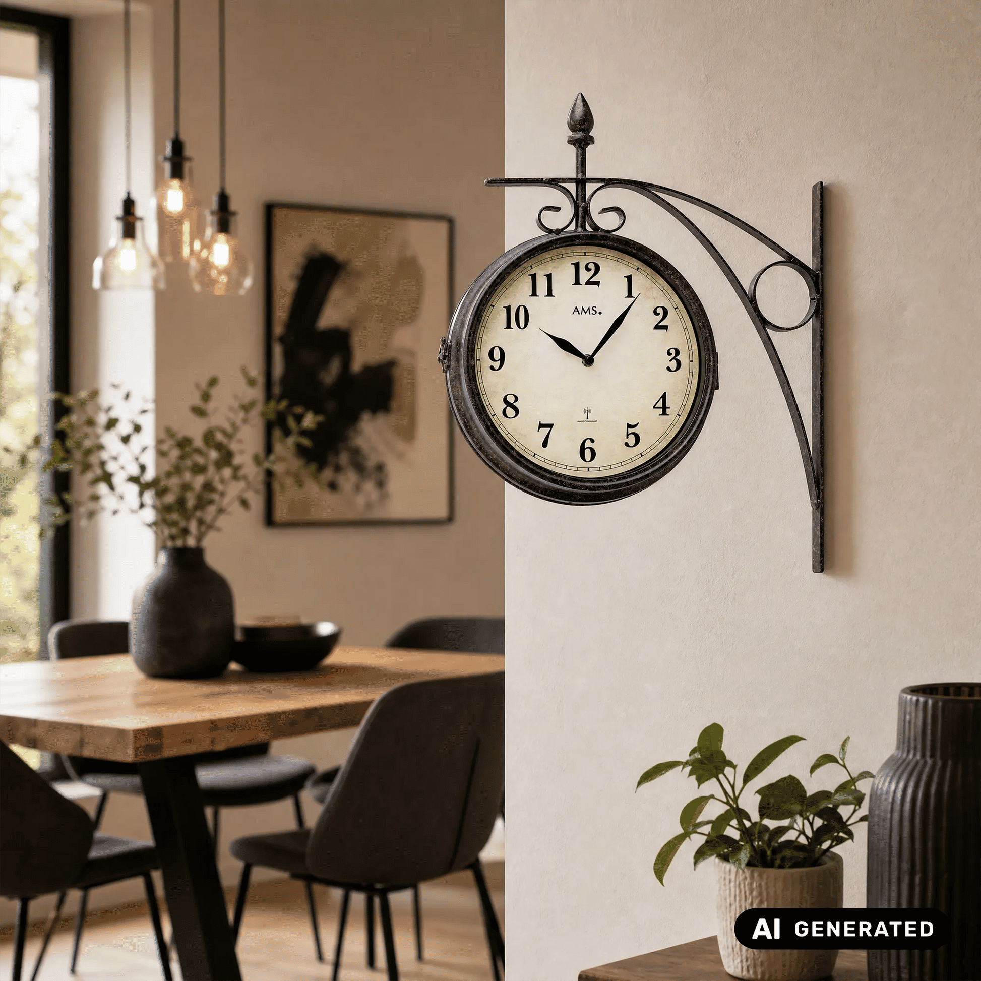 Wanduhr mit rundem Zifferblatt und schwarzem Metallbogen, an heller Wohnzimmerwand