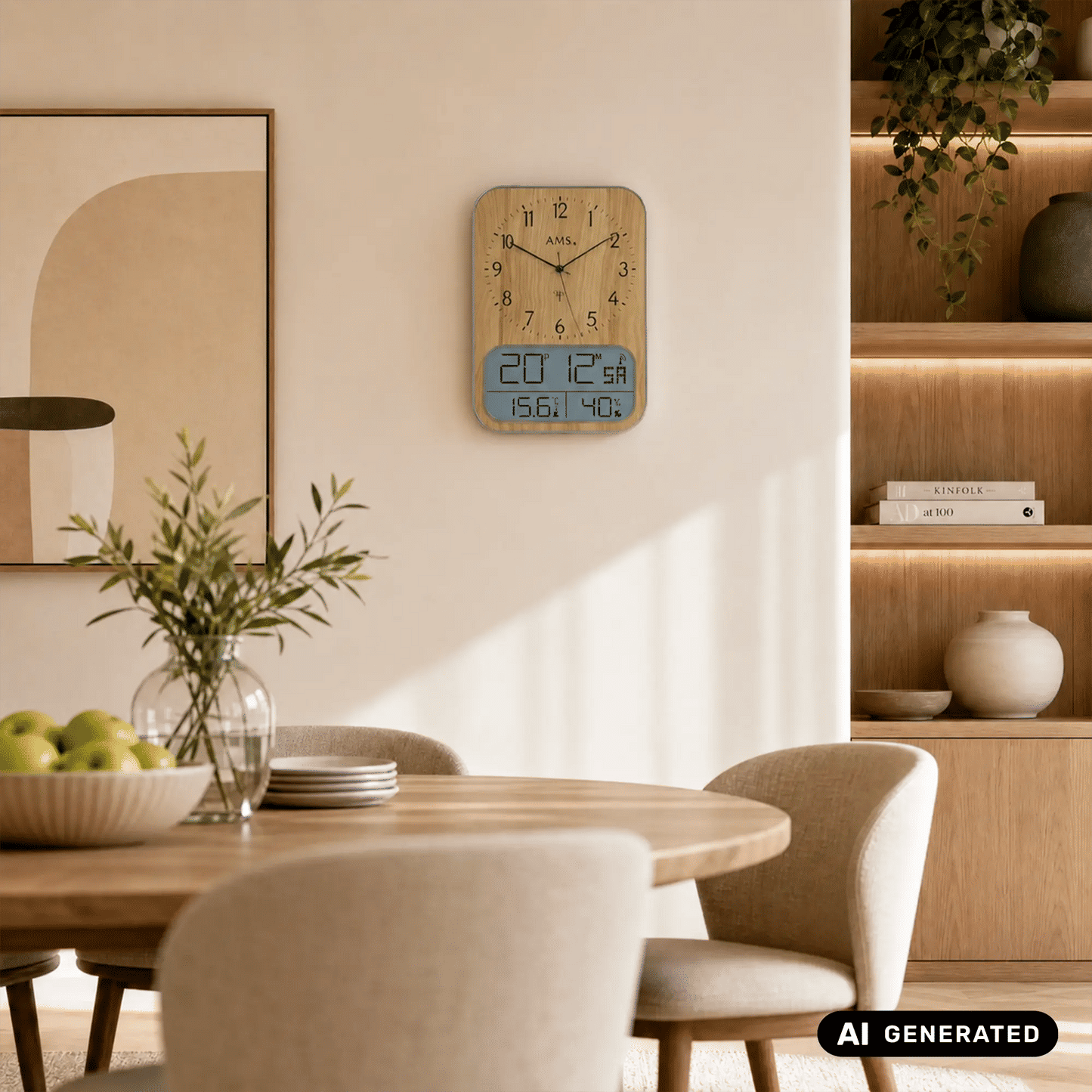 AMS Wanduhr an der Wand mit Holzgehäuse und analoger Zeitanzeige, mit Digitalanzeige