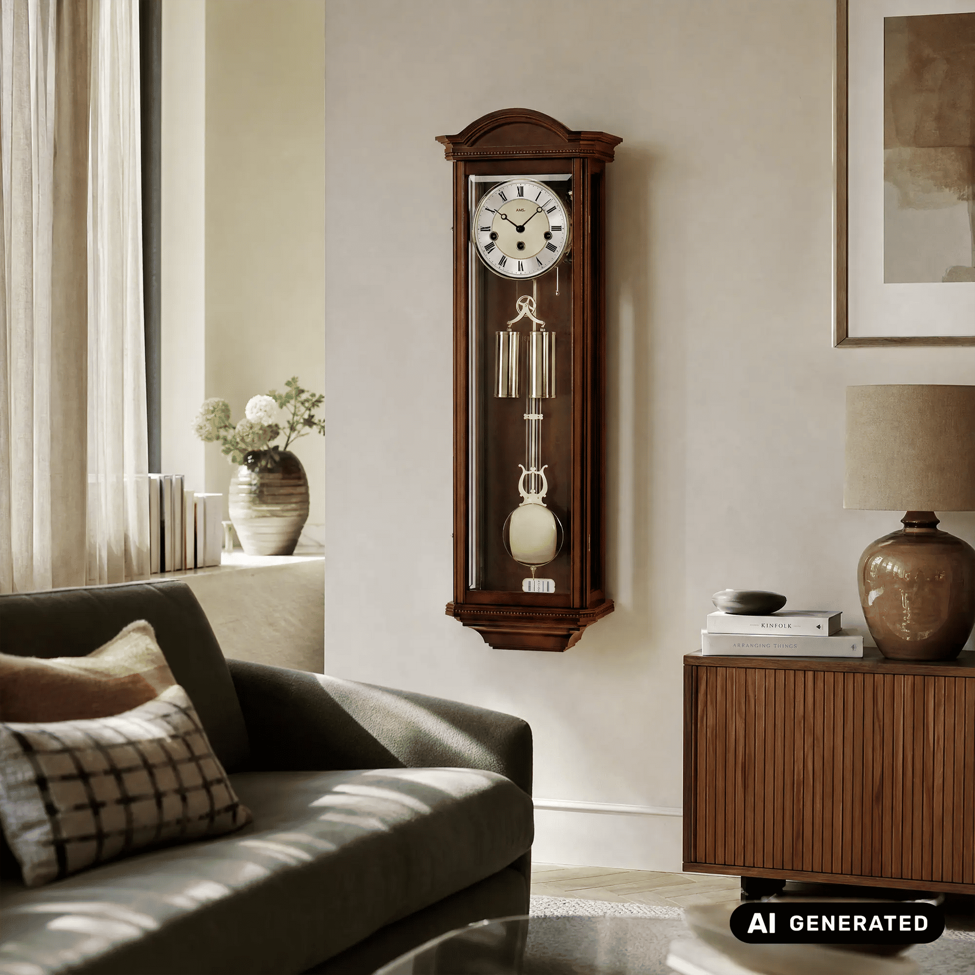 Antike Wanduhr an der Wand aus Kirschbaumholz mit Zifferblatt und Pendel