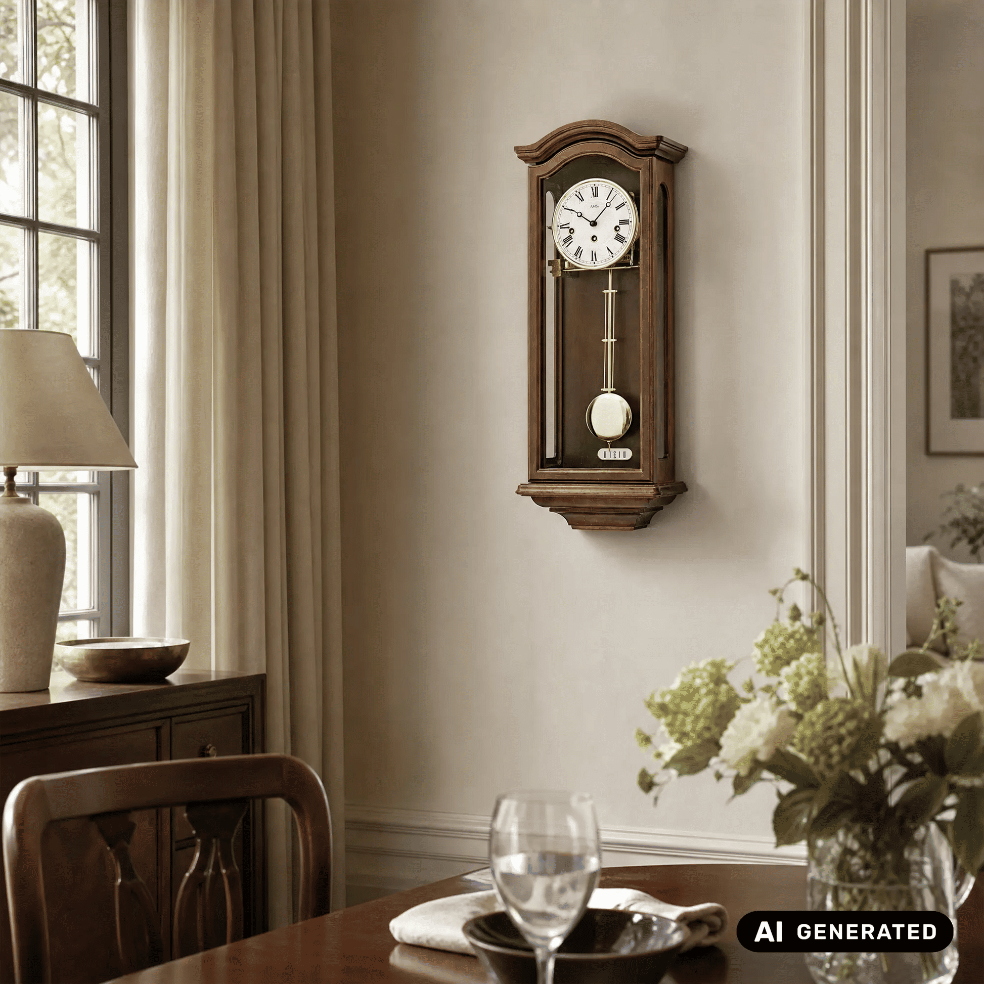 Regulator-Wanduhr an der Wand mit weißem Ziffernblatt, Pendel und Zierstäben