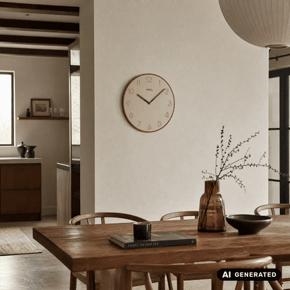 Wanduhr mit Holzrahmen, beigem Zifferblatt, goldenen Ziffern und Zeigern im Runddesign