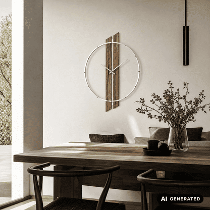Wanduhr an der Wand: runder Aluminiumring, Holzlamellen und zwei Zeiger