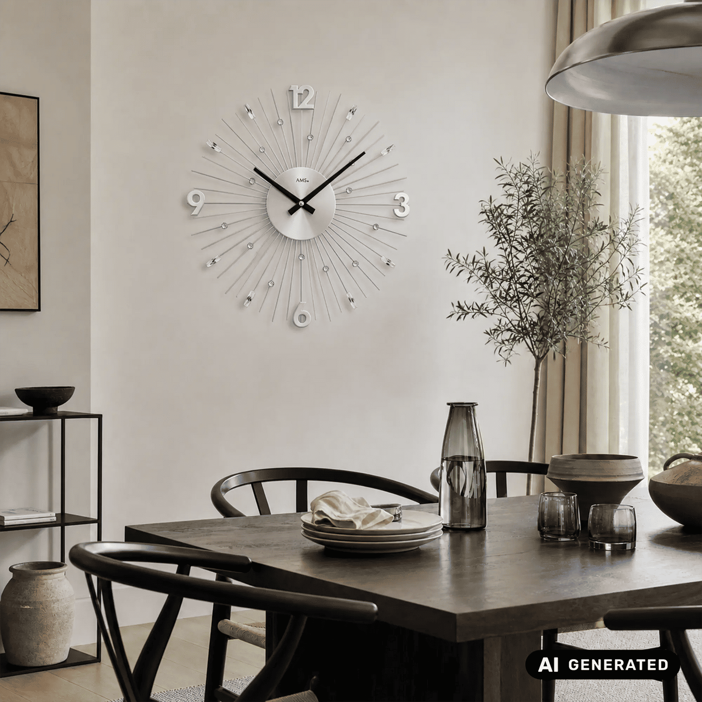Wanduhr mit Sternform aus Metallstäben, silbernem Zifferblatt und schwarzen Zeigern