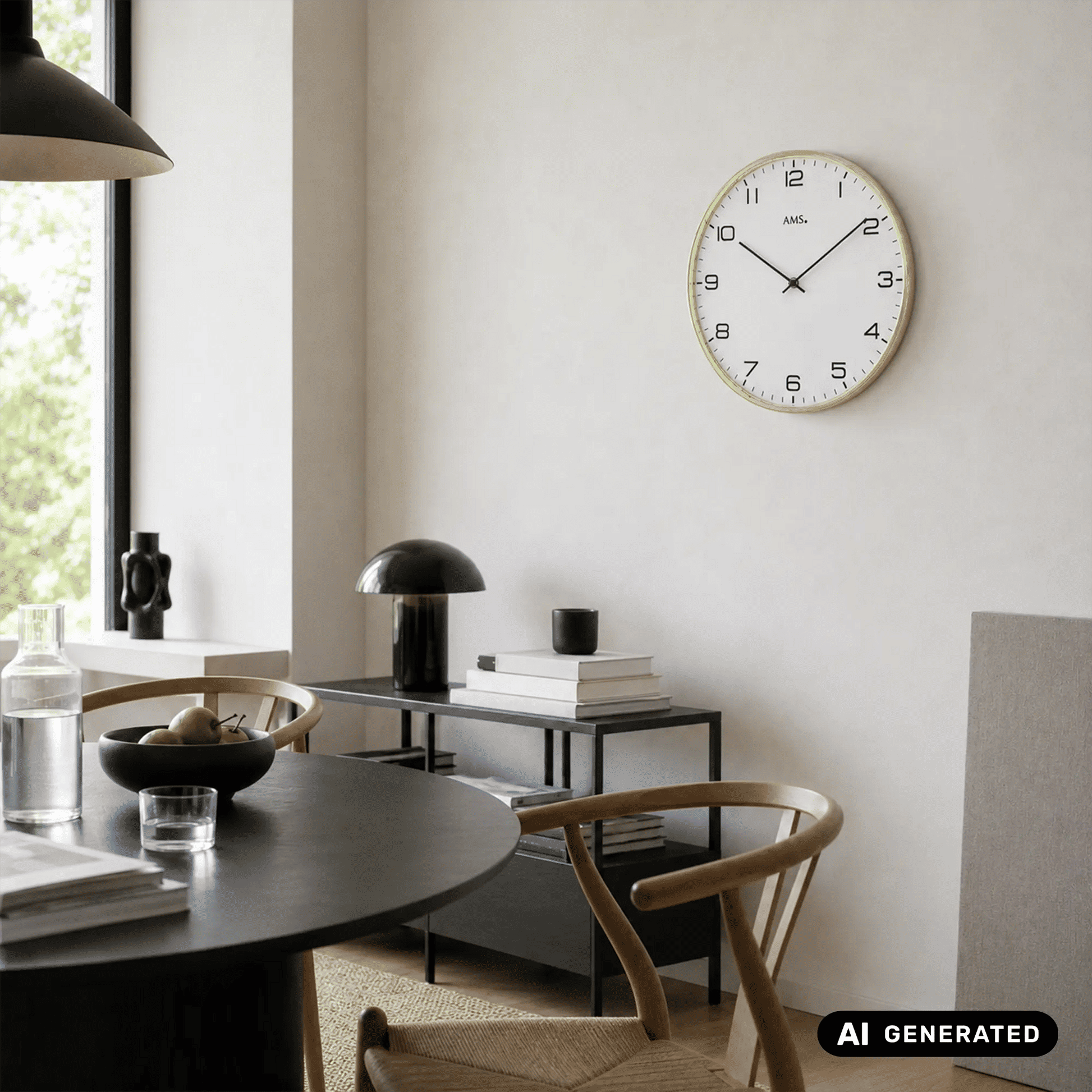 Runde Wanduhr mit weißem Zifferblatt und goldfarbener Umrandung an der Wand