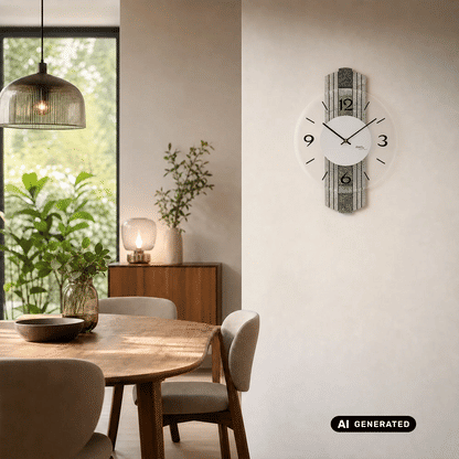 Wanduhr an der Wand mit grauer Steinstruktur und rundem Zifferblatt, schwarze Zeiger
