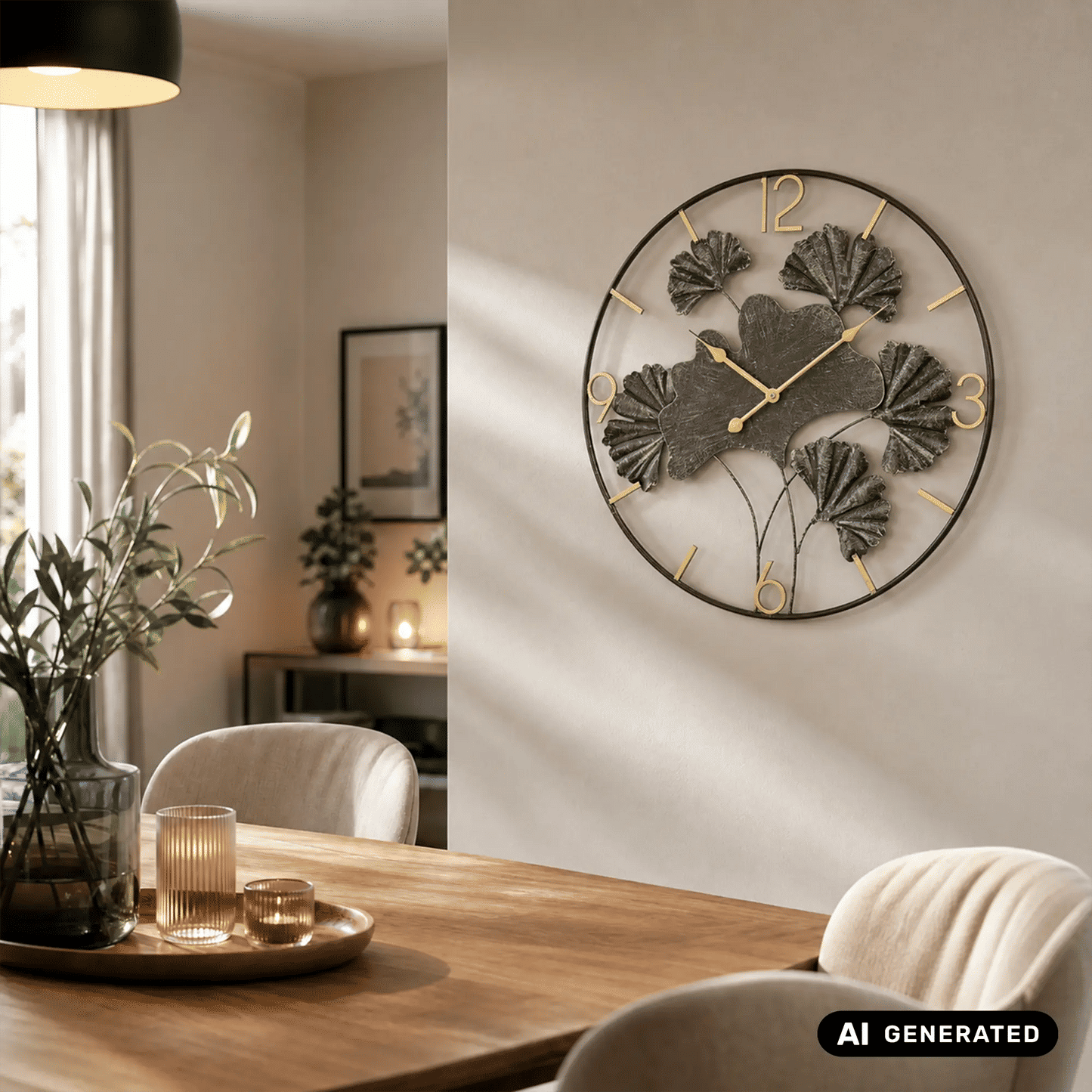 AMS Design W9704 Wanduhr • Ginkgo Metall-Design • Quarzwerk