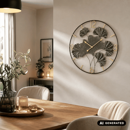 AMS Design W9704 Wanduhr • Ginkgo Metall-Design • Quarzwerk