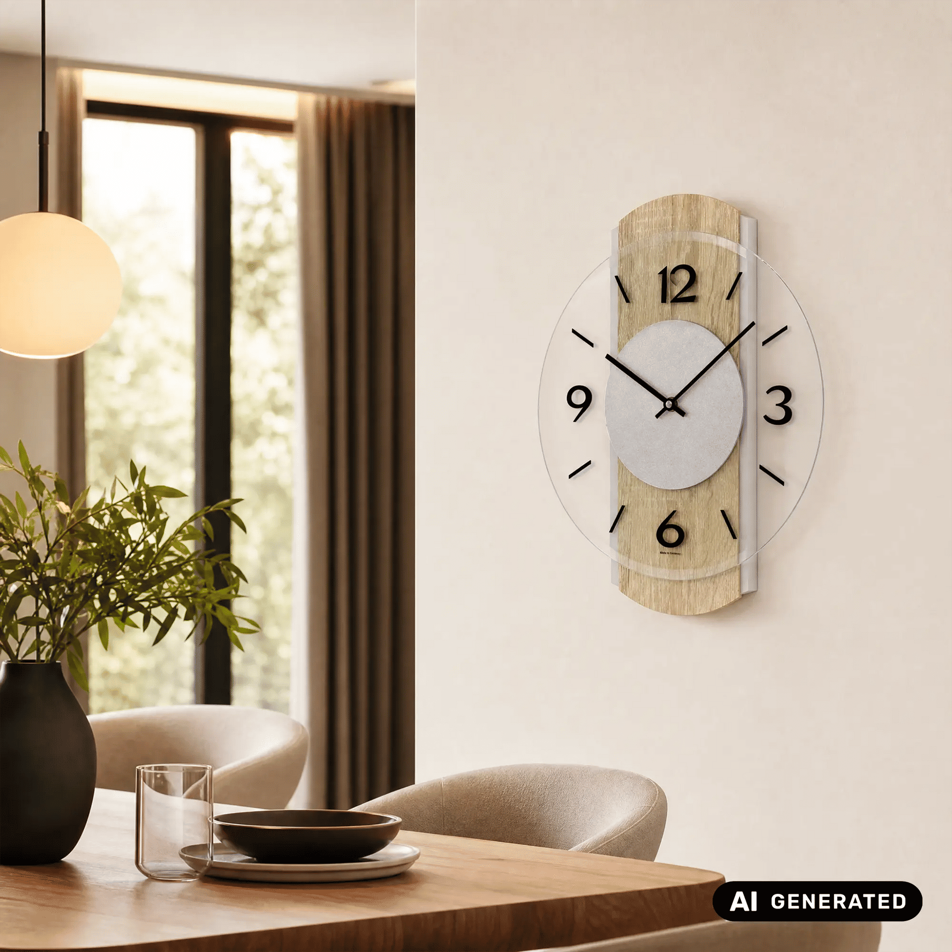 Wanduhr an der Wand: Sonoma-Eiche-Holzrahmen, facettiertes Glas, hellgraues Zifferblatt mit Zahlen