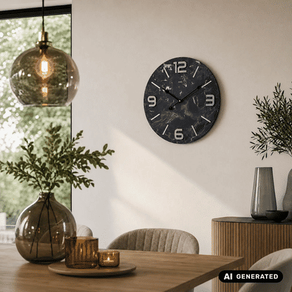 Wanduhr an der Wand mit dunklem Marmorzifferblatt und Metallzahlen