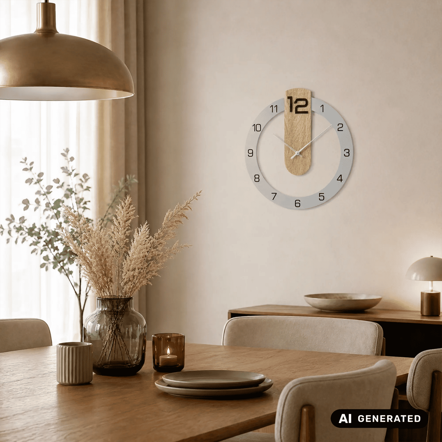 Wanduhr Sonoma-Eiche mit bedrucktem Mineralglas, arabische Ziffern und Zeiger an der Wand.