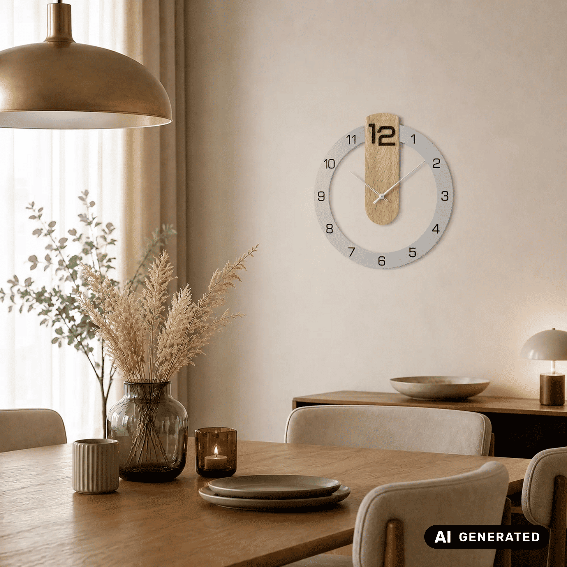 Wanduhr Sonoma-Eiche mit bedrucktem Mineralglas, arabische Ziffern und Zeiger an der Wand.