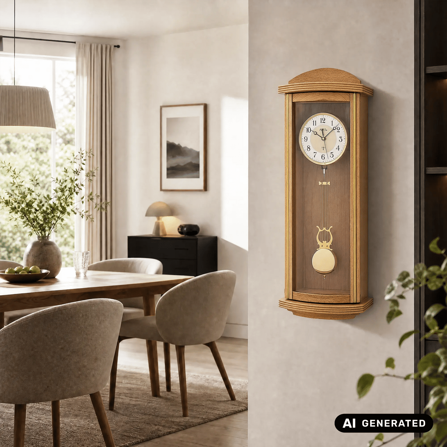 Wandmontierte Wanduhr aus hellem Holz mit Pendel und großen Ziffern