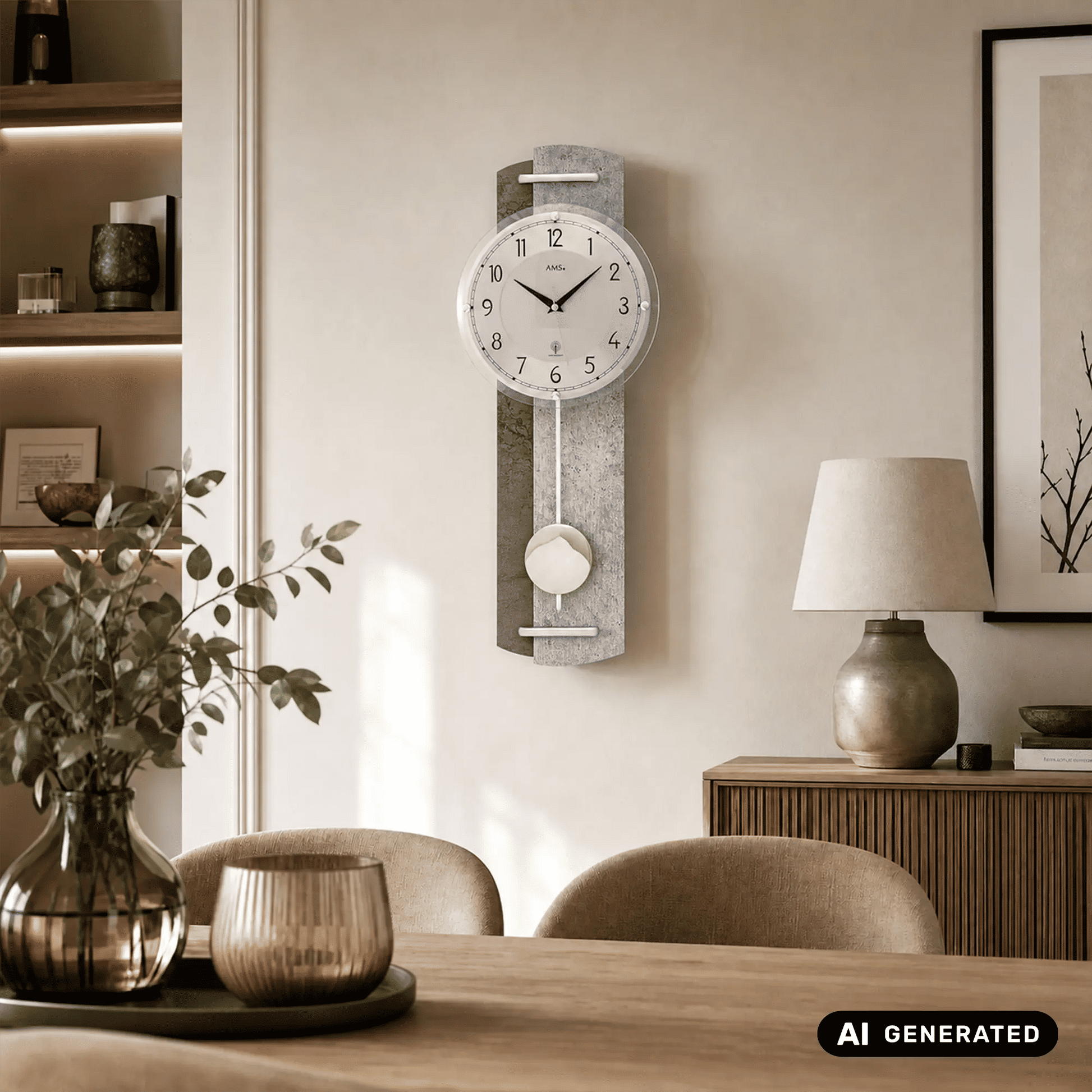 Wanduhr mit Steinoptik-Gehäuse und Pendelball, rundes Zifferblatt