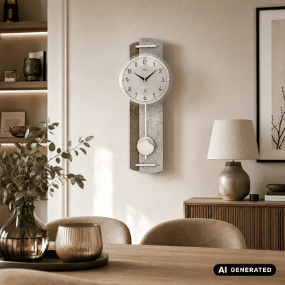Wanduhr mit Steinoptik-Gehäuse und Pendelball, rundes Zifferblatt
