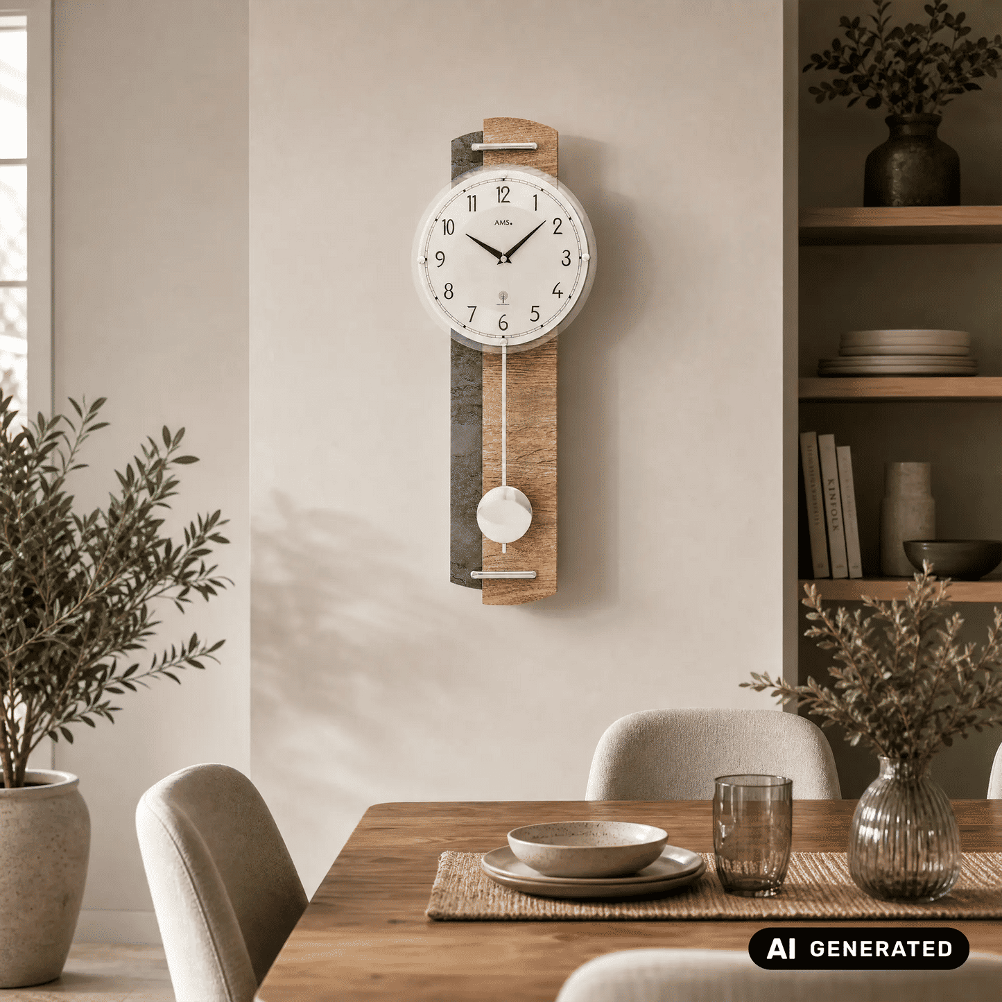 Wanduhr mit Funk-Pendelwerk, rundem Zifferblatt und Holzgehäuse, pendelnder Kugel.