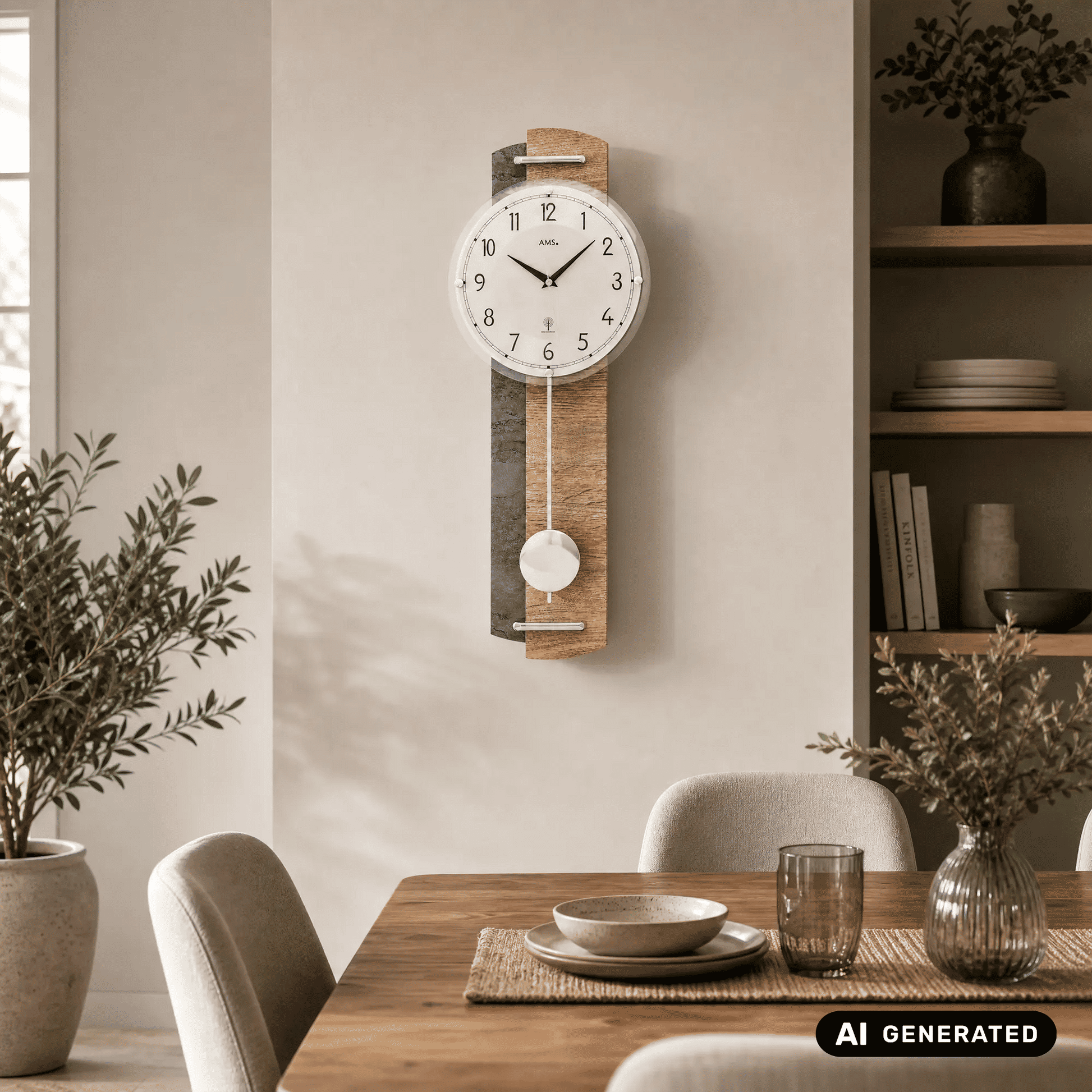 Wanduhr mit Funk-Pendelwerk, rundem Zifferblatt und Holzgehäuse, pendelnder Kugel.
